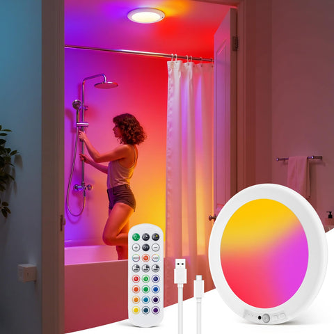 Wowatt rechargeable shower light with remote for customizable color and brightness.