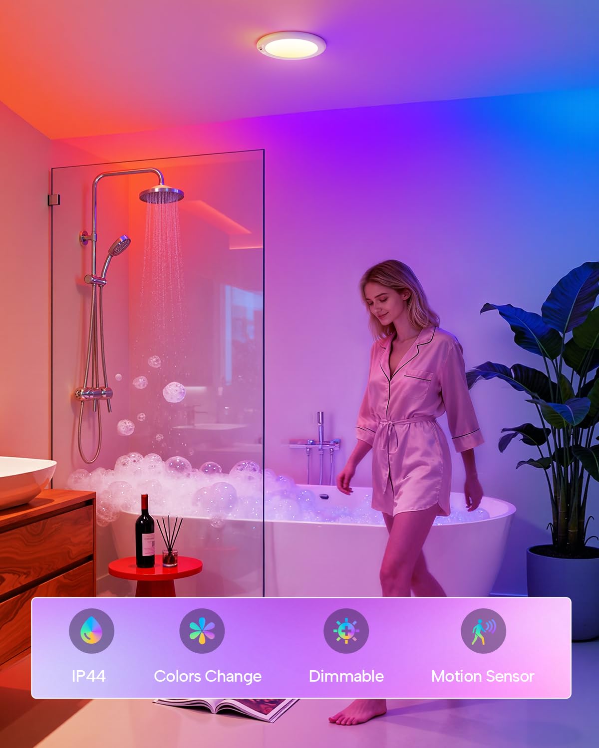 Wowatt RGB color-changing shower light for mood-enhancing baths.