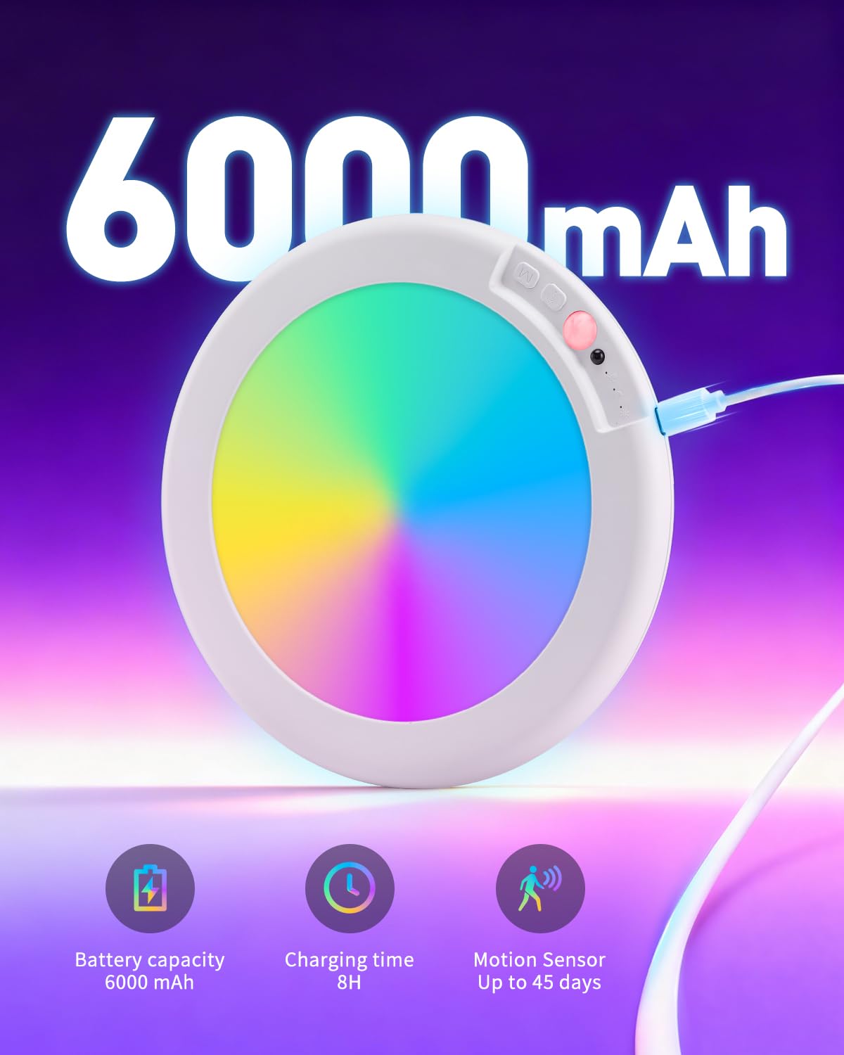 Wowatt Type-C rechargeable shower light with a 6000mAh battery.
