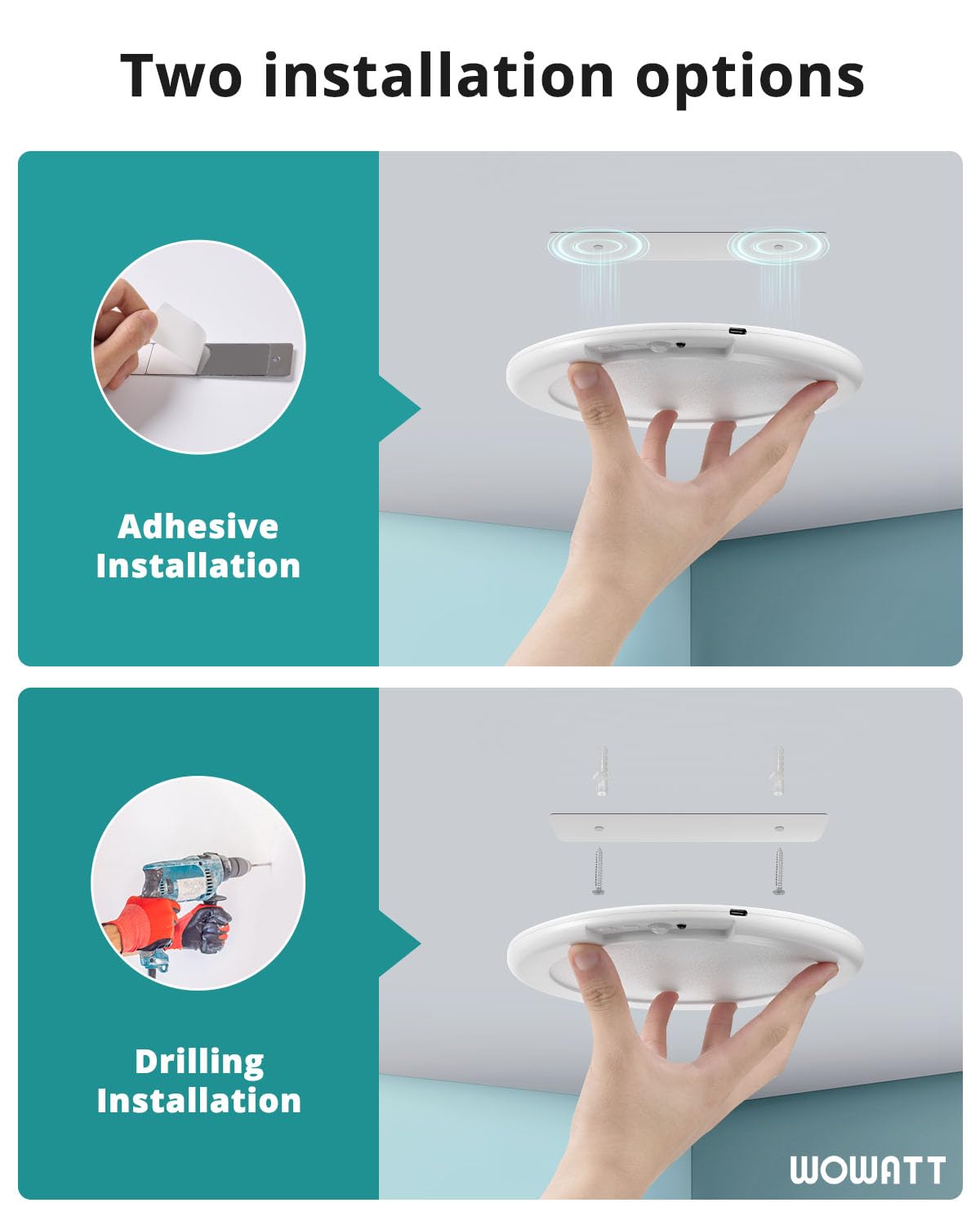 WOWATT wireless ceiling light installation options shown as stick-on or screw-in