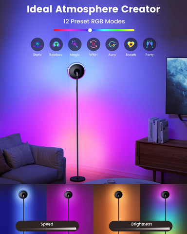 WOWLUMEN UFO floor lamp color modes highlight 12 presets for any mood.