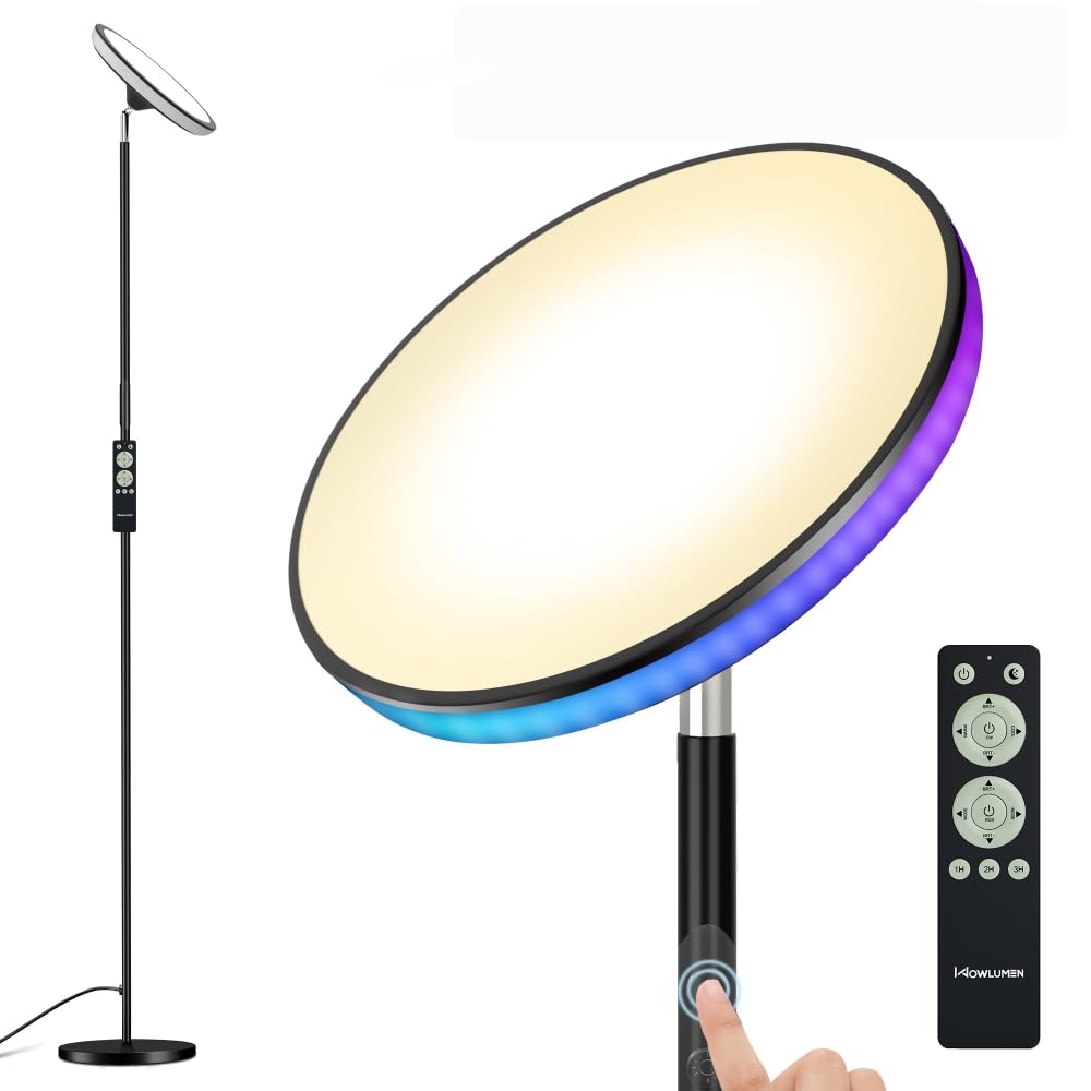 WOWLUMEN UFO floor lamp front view, modern silhouette for versatile ambient lighting.