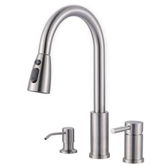 WOWOW 3-hole kitchen faucet in brushed nickel with sprayer for versatile kitchen tasks.