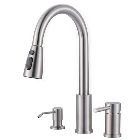 WOWOW 3-hole kitchen faucet in brushed nickel with sprayer for versatile kitchen tasks.