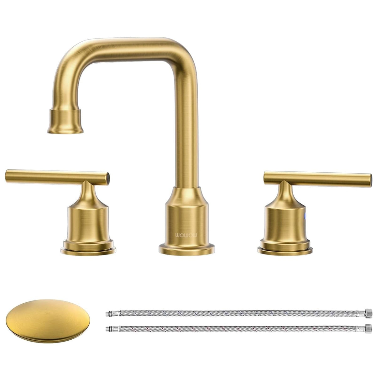 WOWOW brushed gold bathroom faucet front view highlights luxury finish and durable construction.