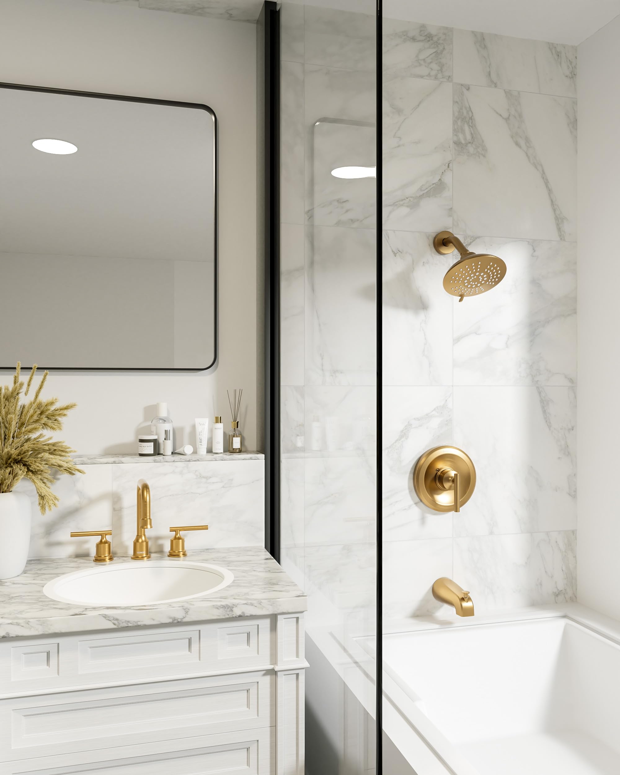 WOWOW brushed gold faucet featuring pop-up drain for tidy basin.