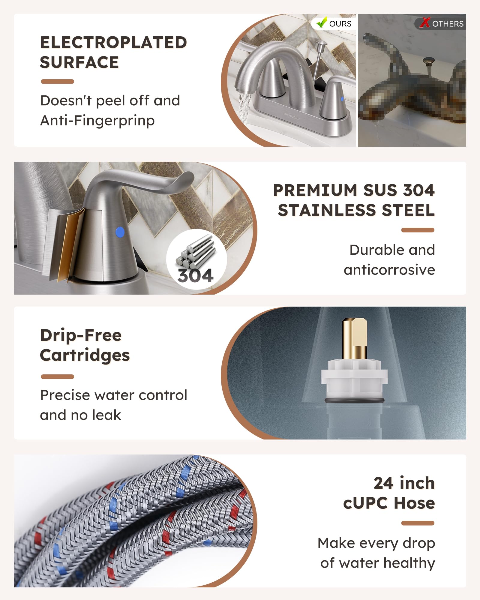 WOWOW ceramic cartridge delivers smooth operation with reduced dripping.