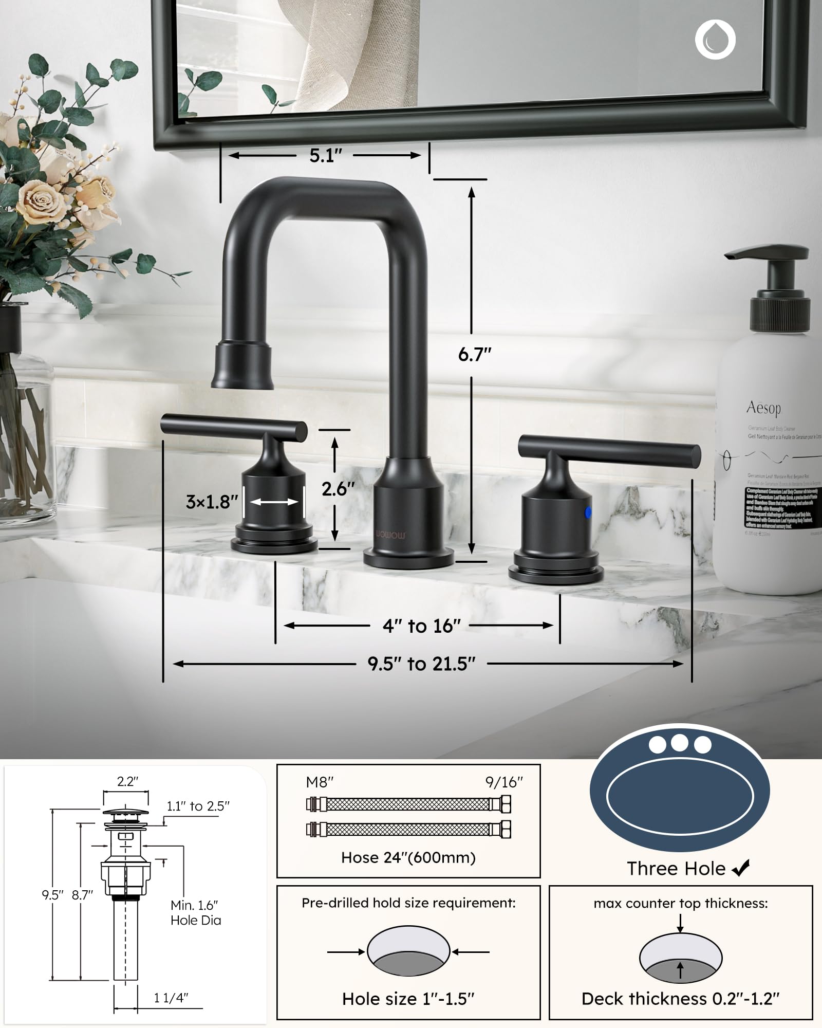 WOWOW dual-handle control enables precise temperature and flow adjustments.