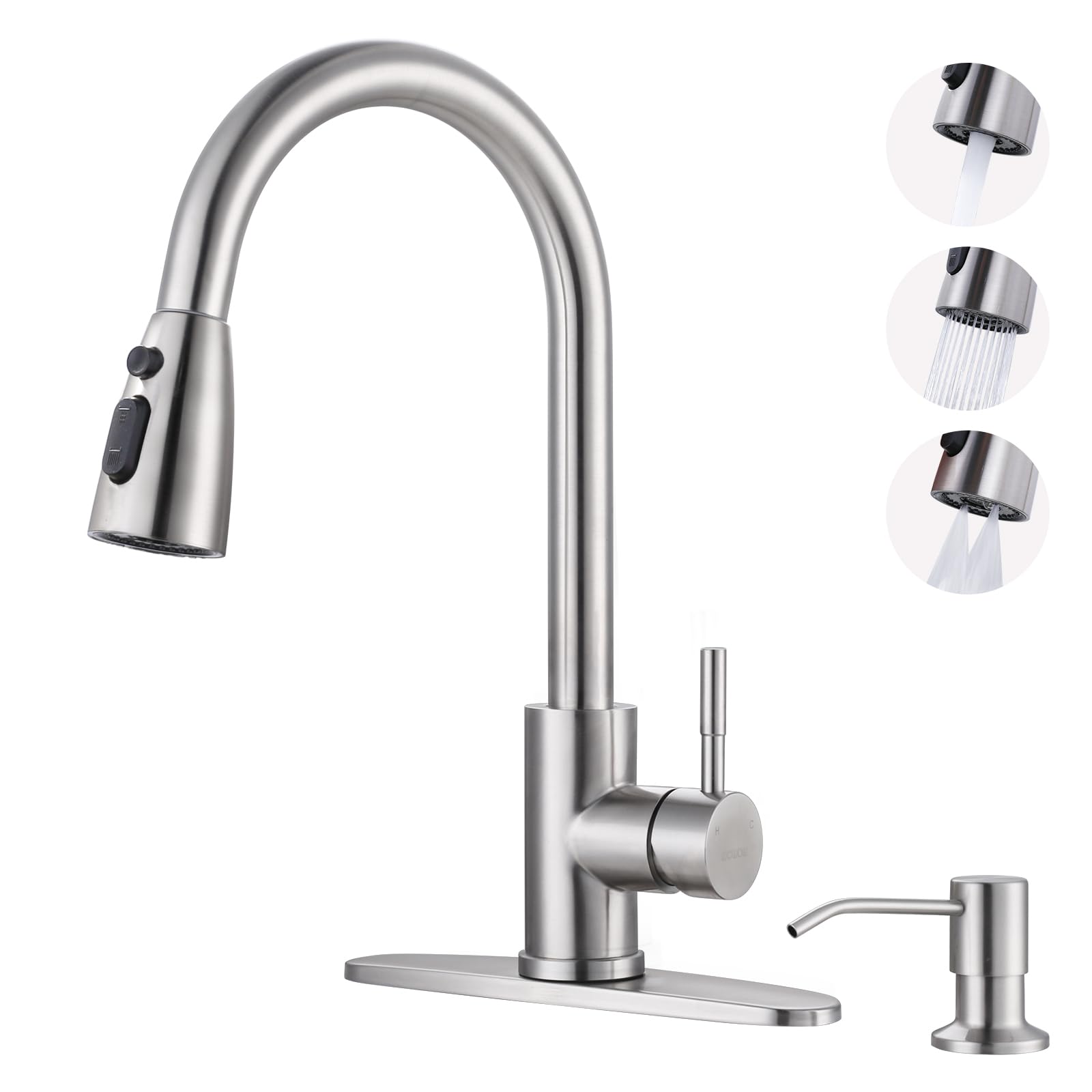 WOWOW kitchen faucet in brushed nickel with pull-down spray, anti-fingerprint and easy to wipe clean.