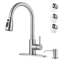 WOWOW kitchen faucet in brushed nickel with pull-down spray, anti-fingerprint and easy to wipe clean.