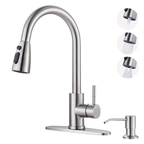 WOWOW kitchen faucet in brushed nickel with pull-down spray, anti-fingerprint and easy to wipe clean.