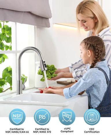 WOWOW high-arc spout with 360° swivel for easy sink access.