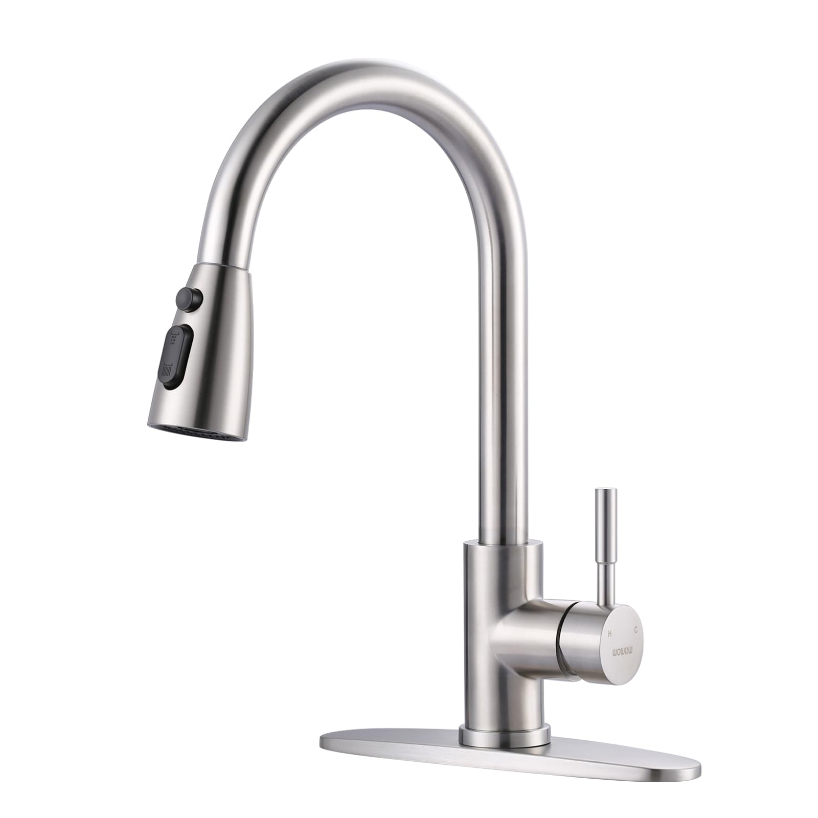 WOWOW kitchen faucet with pull-down sprayer for versatile rinsing and filling.