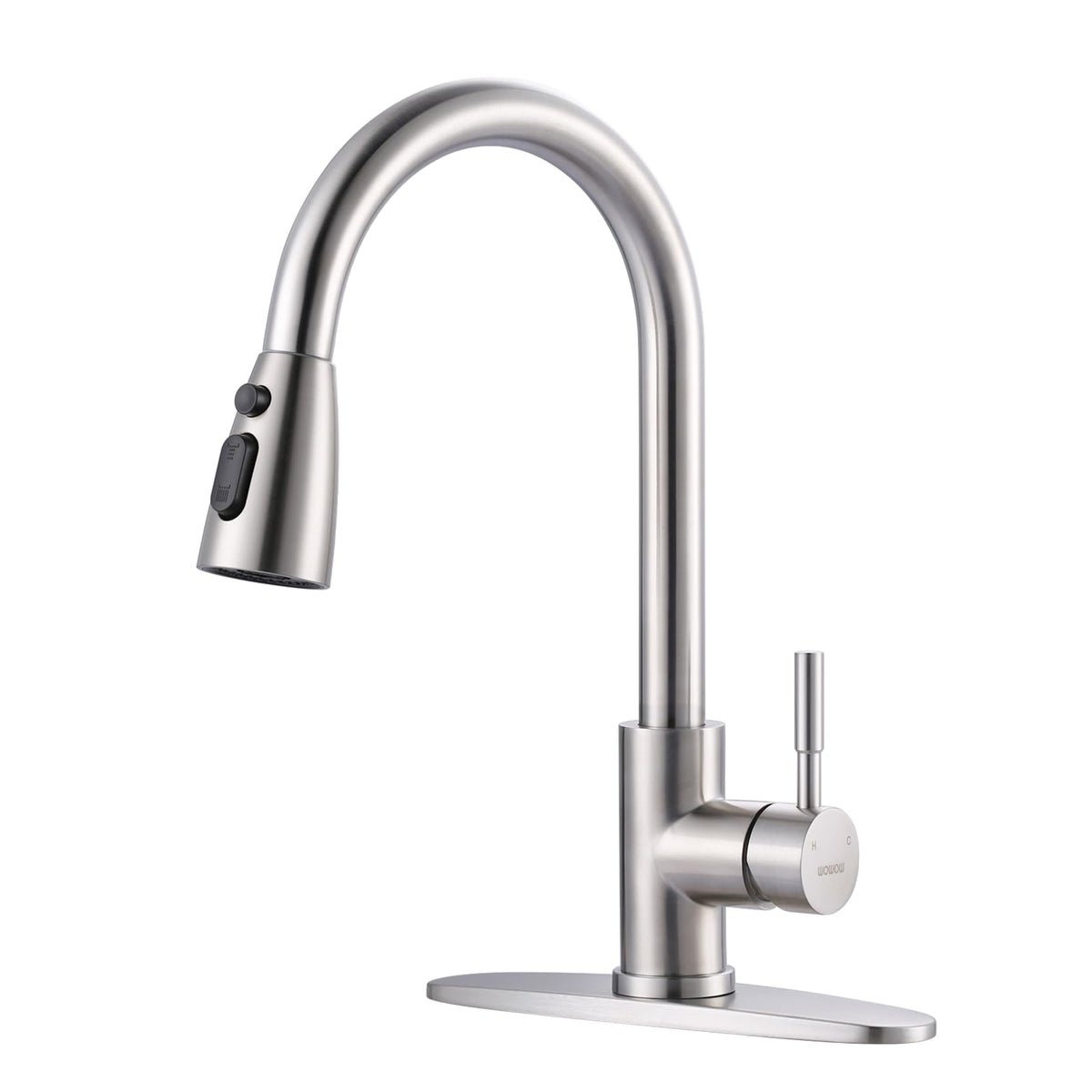 WOWOW kitchen faucet with pull-down sprayer for versatile rinsing and filling.