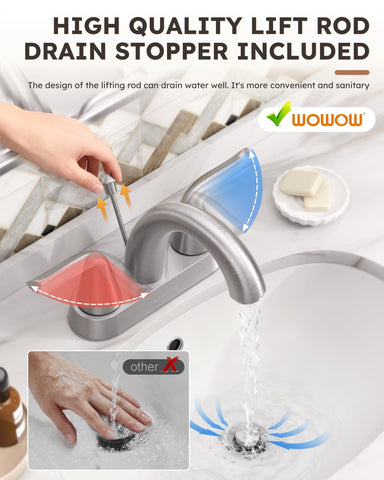 WOWOW lift-rod drain stopper supports smooth drainage and a clean look.