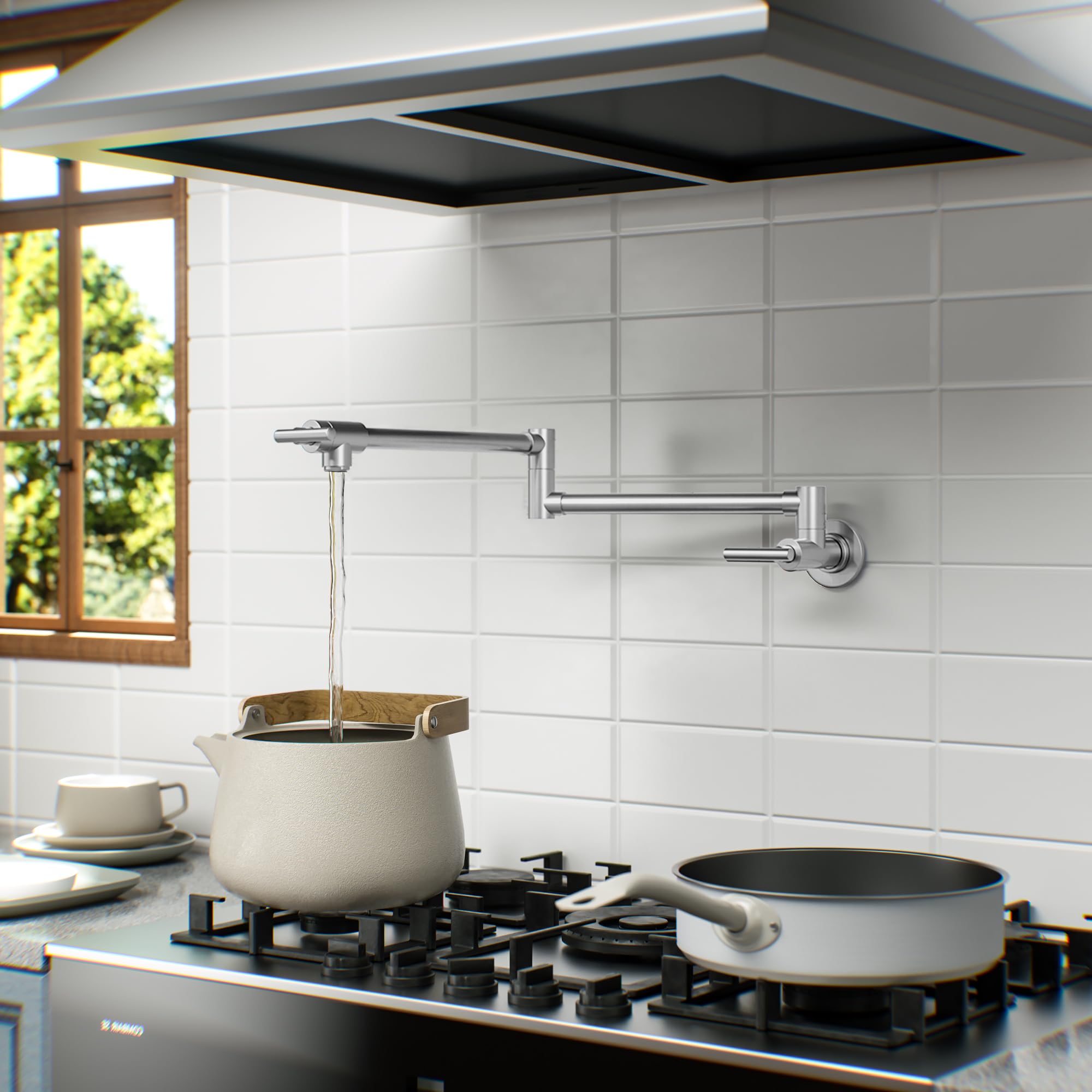 WOWOW pot filler close-up of swivel arm highlighting durable brass construction