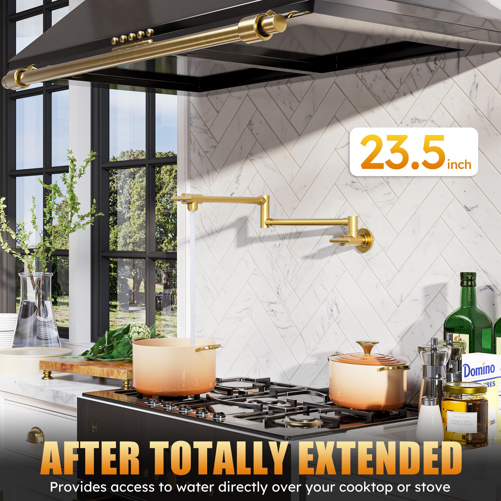 WOWOW pot filler with 360-degree swing arm enables easy pot filling by the stove