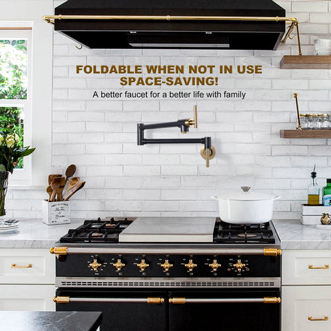 WOWOW wall-mounted pot filler showing 360° rotation for stove-side filling.