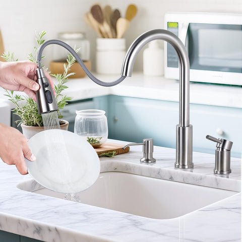 WOWOW soap dispenser included for quick hand soap or sanitizer at the sink.