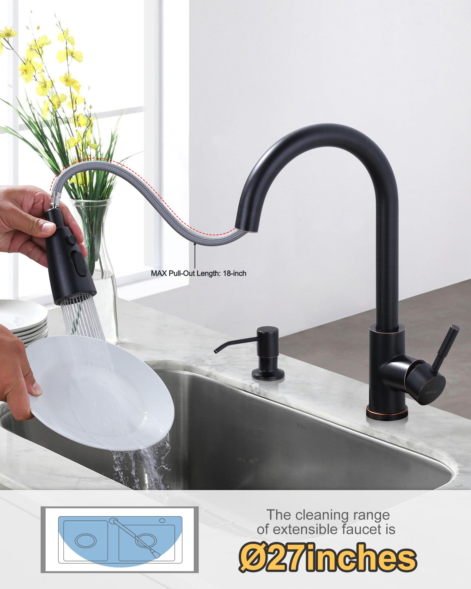WOWOW stainless steel faucet offers three modes to support meal prep and cleanup