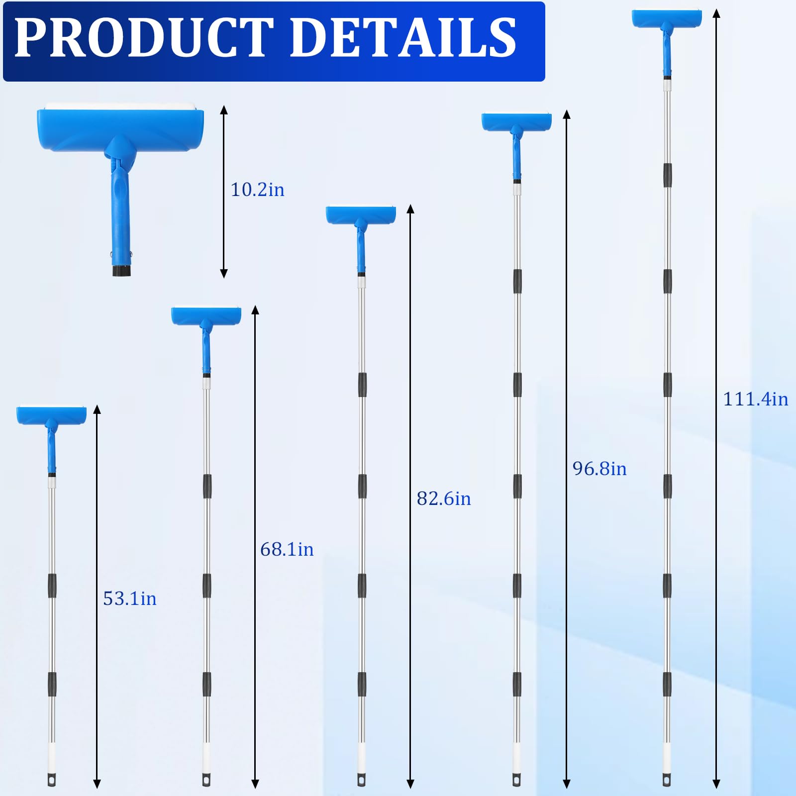 Woxnoc 9ft extension rod extends reach to high ceilings and tall walls.