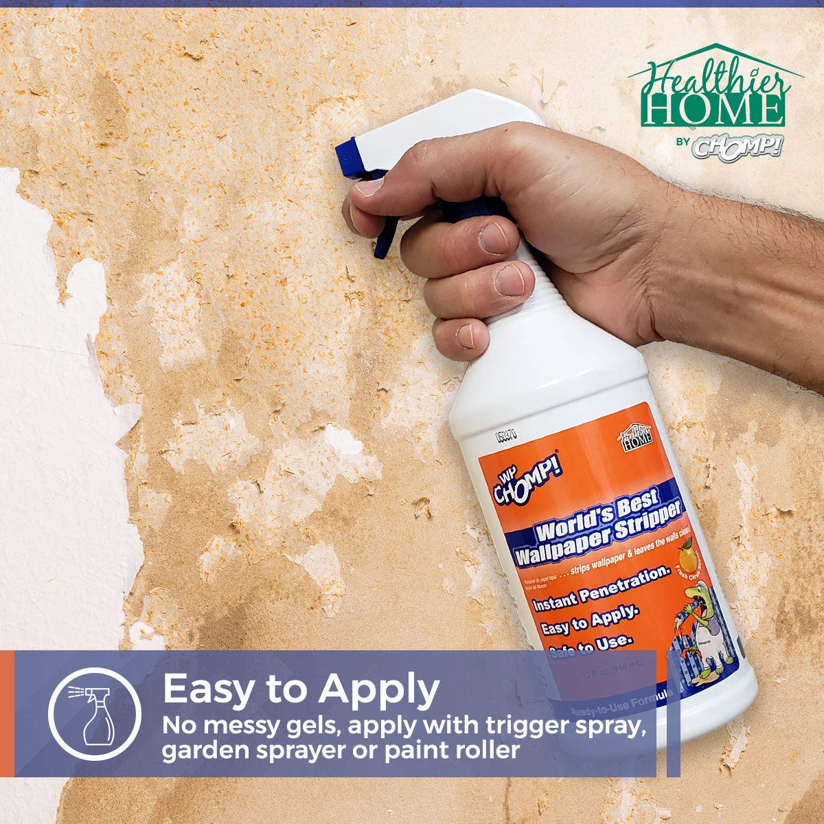 WP Chomp spray application simplifies surface treatment before peeling wallpaper.