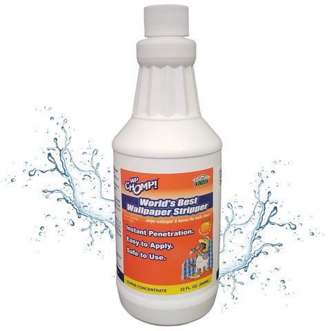 WP Chomp wallpaper stripper bottle shown; citrus formula for quick, paint-ready wall prep