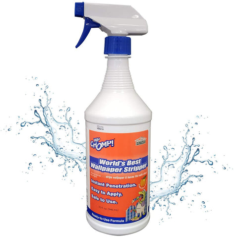 WP Chomp wallpaper stripper bottle demonstrates fast-acting removal for clean walls.