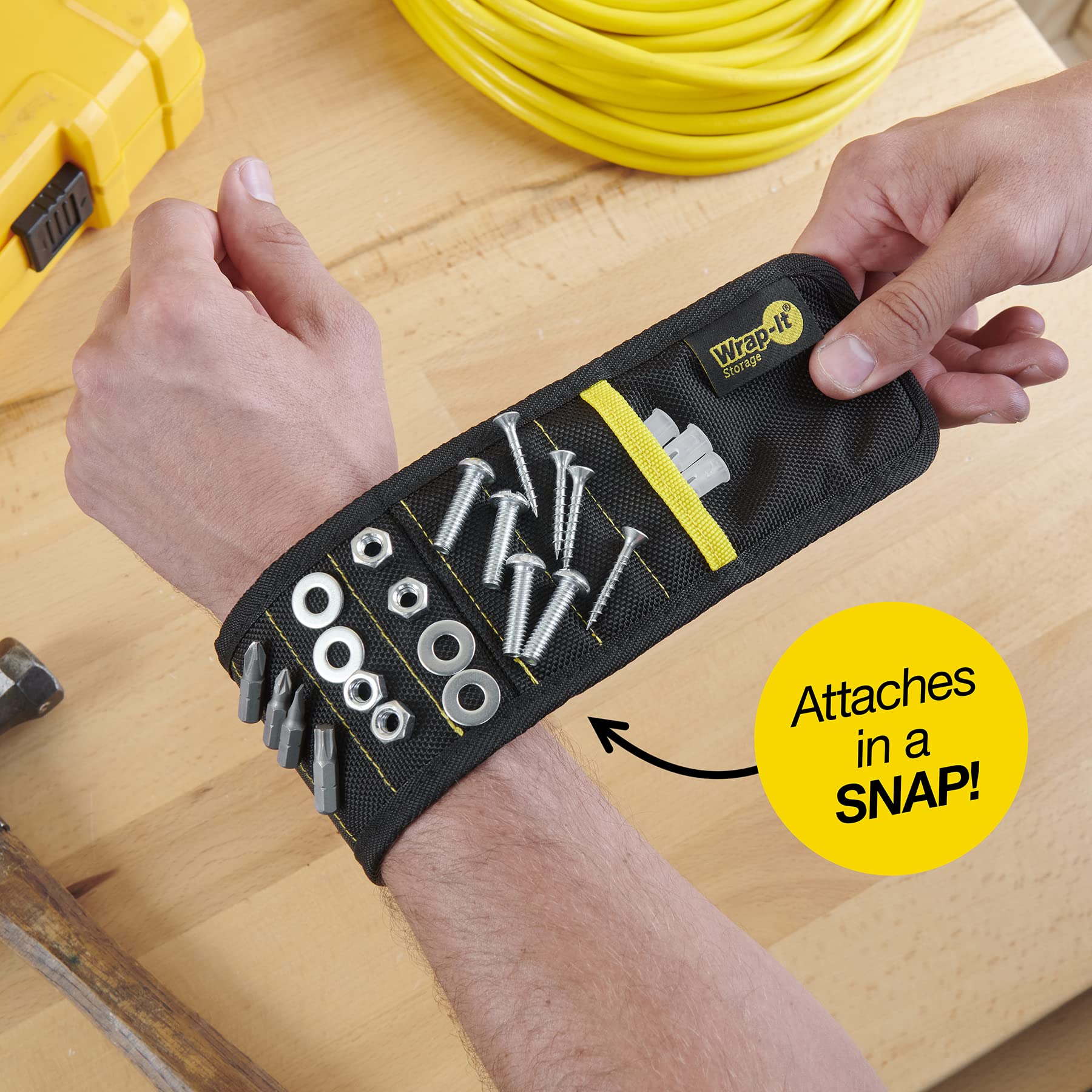 Wrap-It MagSnap worn by handyman for quick tool access