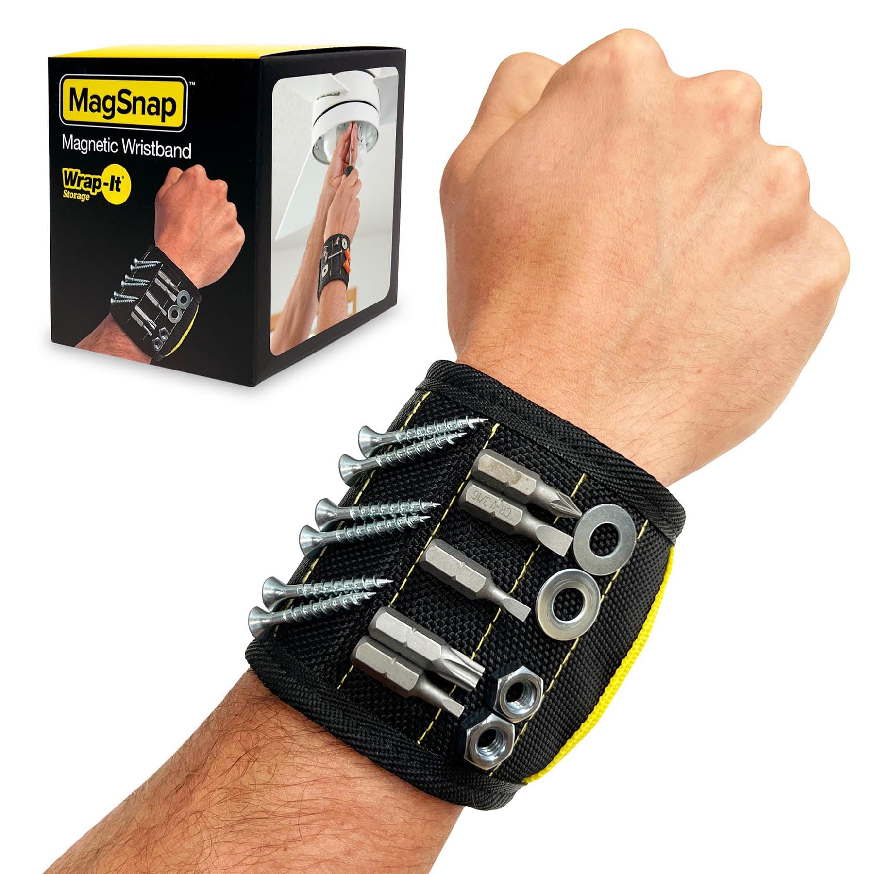 Wrap-It MagSnap magnetic wristband worn on wrist keeps fasteners within reach