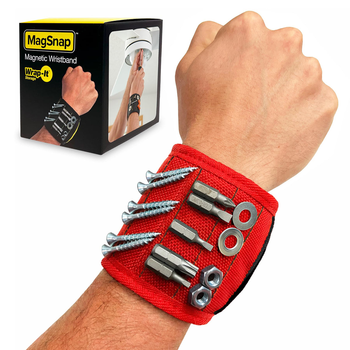 Wrap-It MagSnap magnetic wristband in red holds nails and screws within reach.