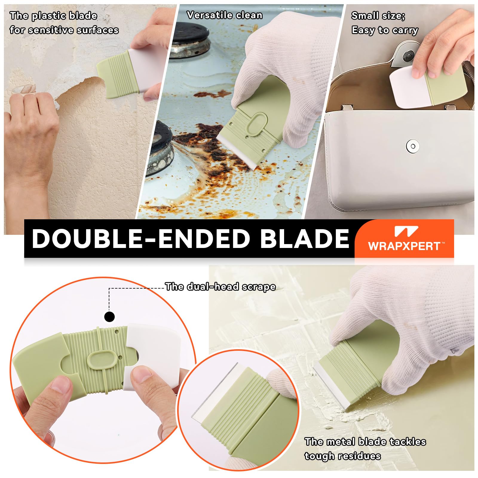 WRAPXPERT razor scraper with 4-inch blade for clean cuts.
