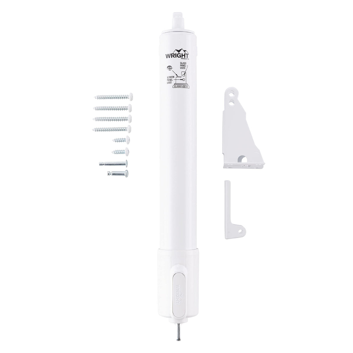 Wright Products heavy-duty pneumatic door closer front view for smooth, controlled closes.
