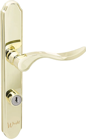 Wright Products Serenade mortise lever lock in brass finish close-up, versatile for doors