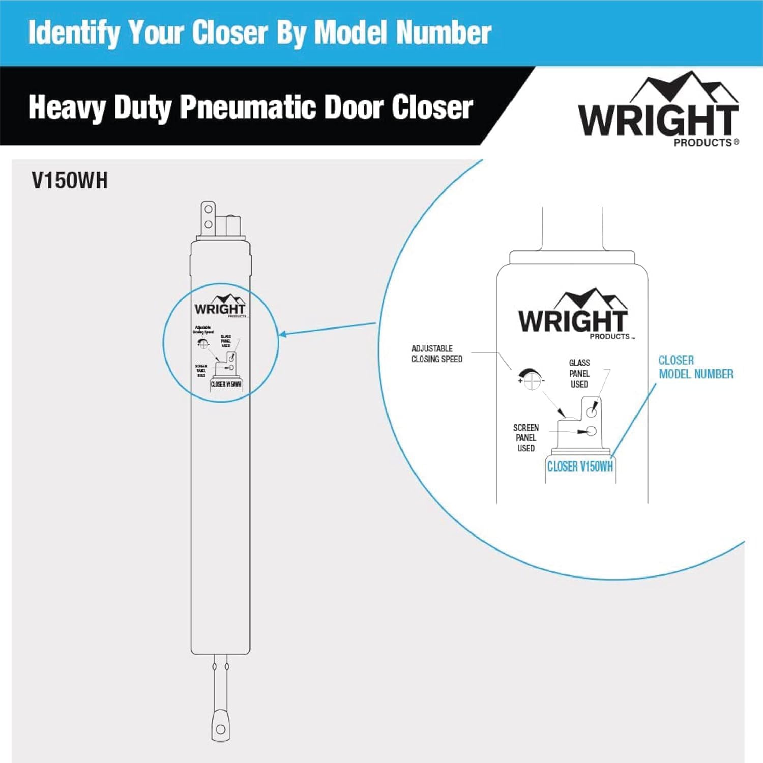 Wright Products installation-ready closer with mounting hardware.
