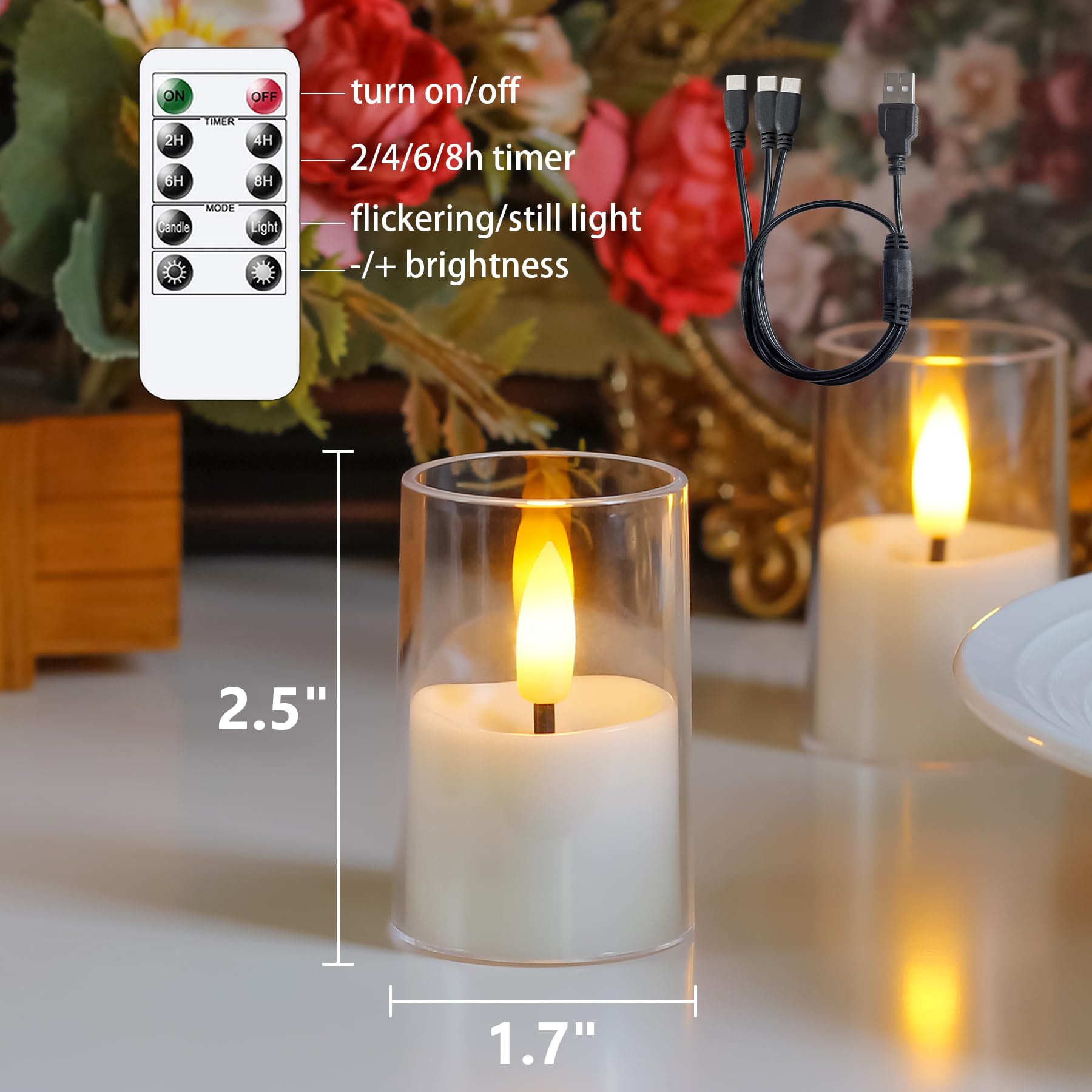 Wroxipel charging cable tealight white illustrates quick 1.5-hour recharge.