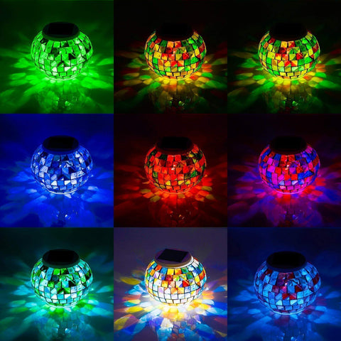 WSgift solar powered mosaic ball lights create ambient garden glow at night.