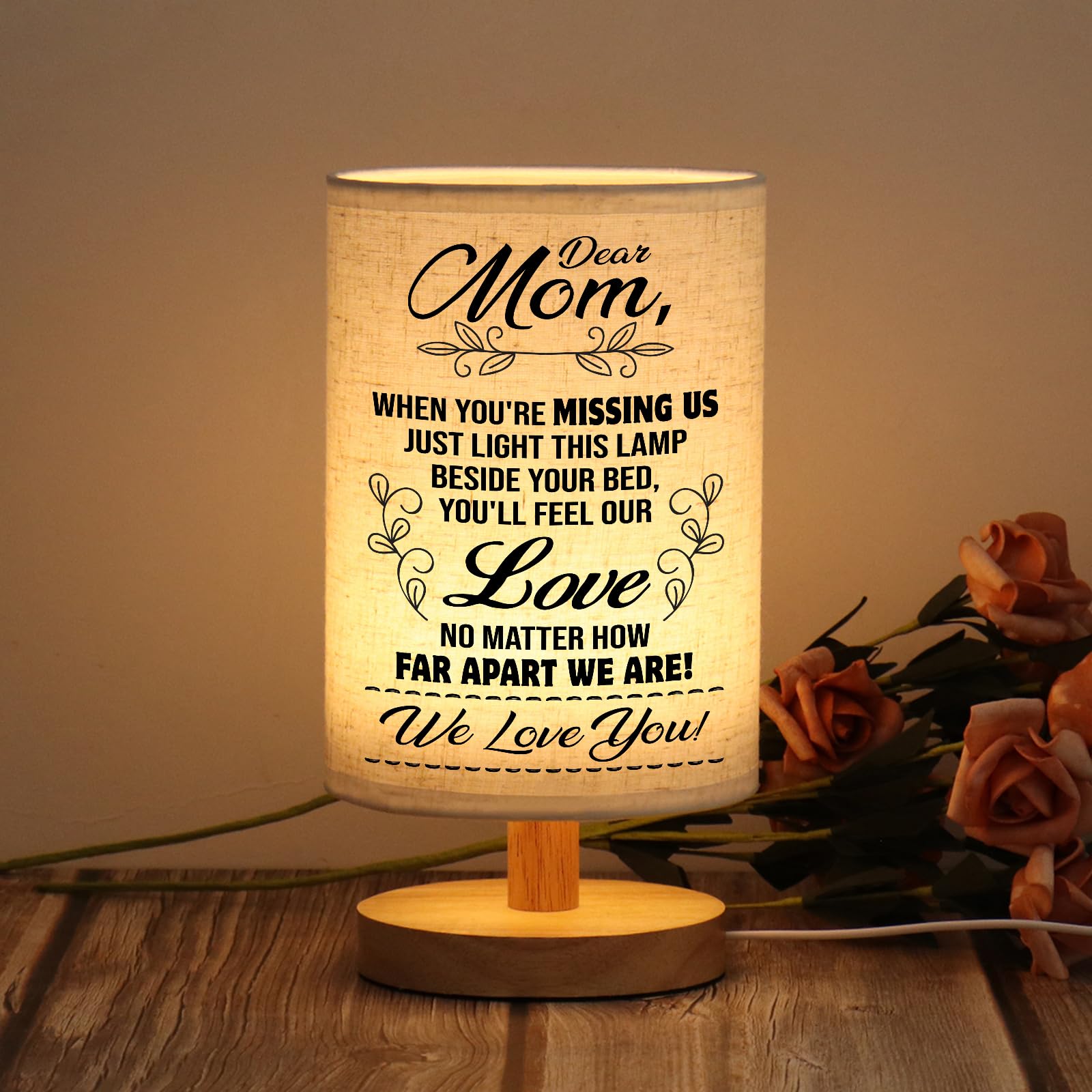 WSYEAR mom-lamp shade with heart message on bedside table