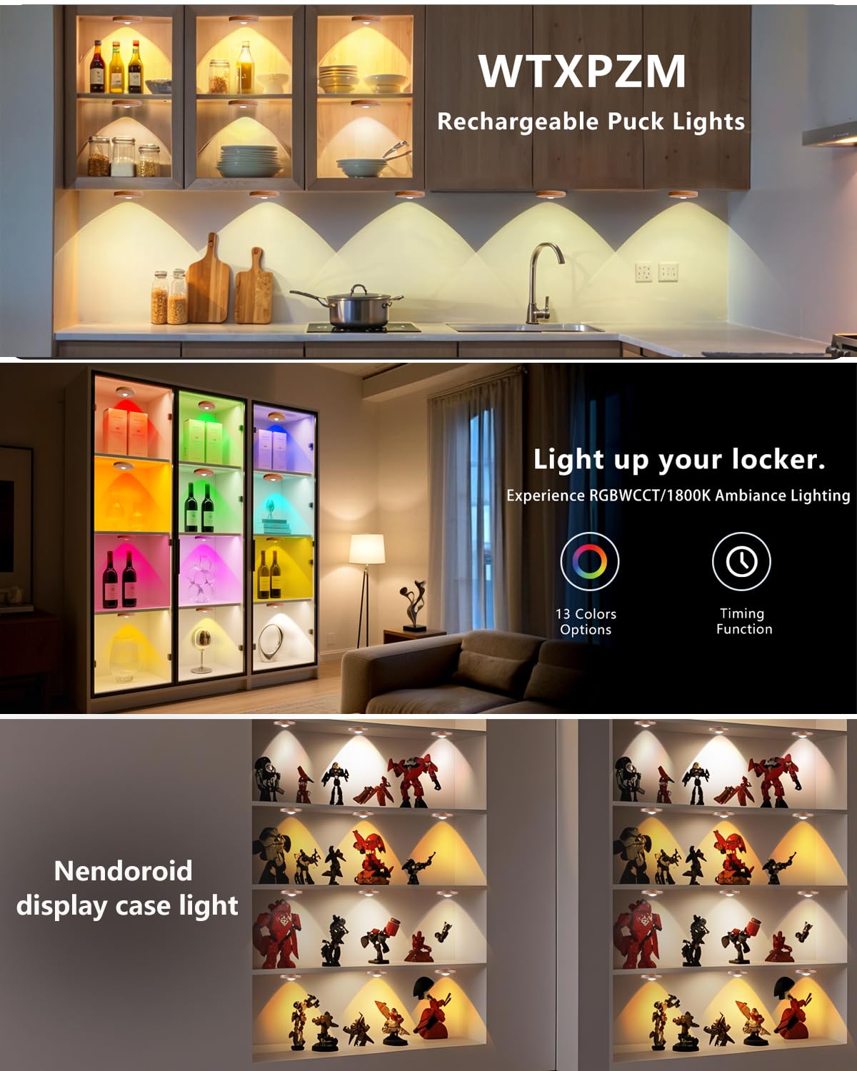 Dimmable puck light with remote for precise brightness control.