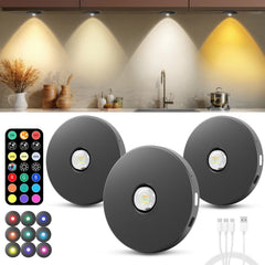 WTXPZM puck light with remote control illuminating a cabinet