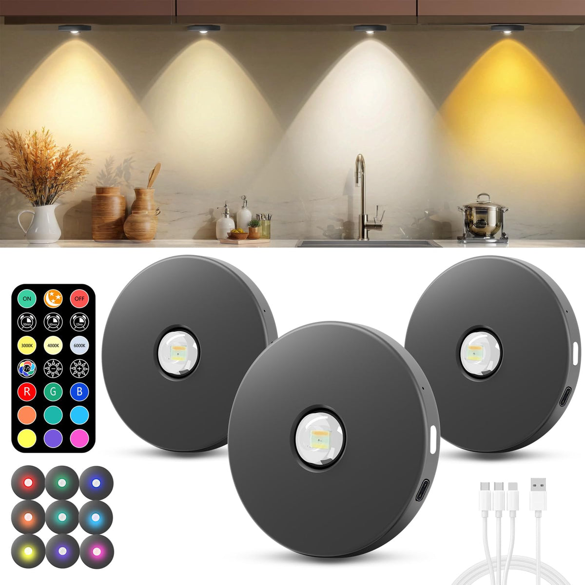 WTXPZM puck light with remote control illuminating a cabinet