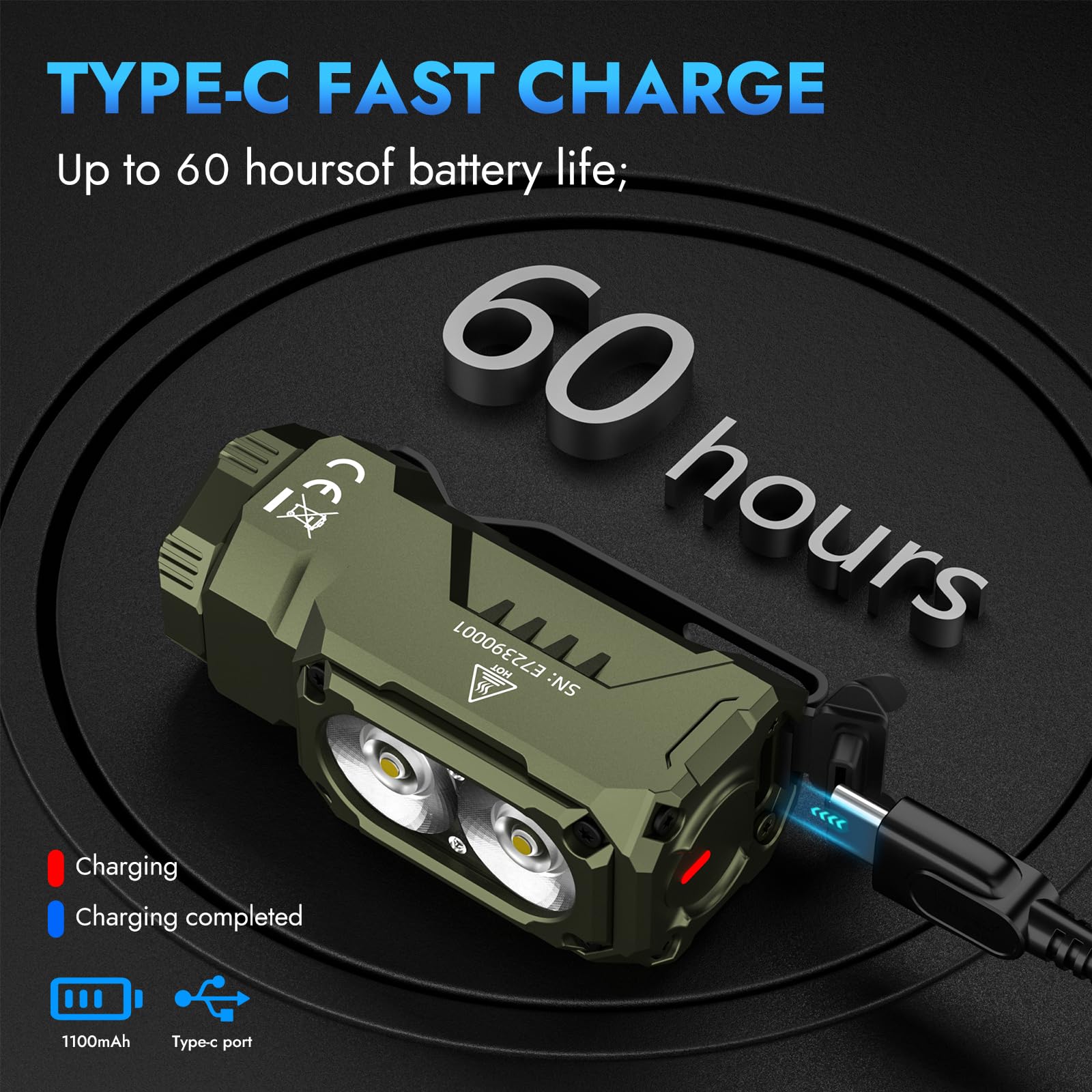 WUBEN E7 1100mAh rechargeable battery with clear charge status indicators.