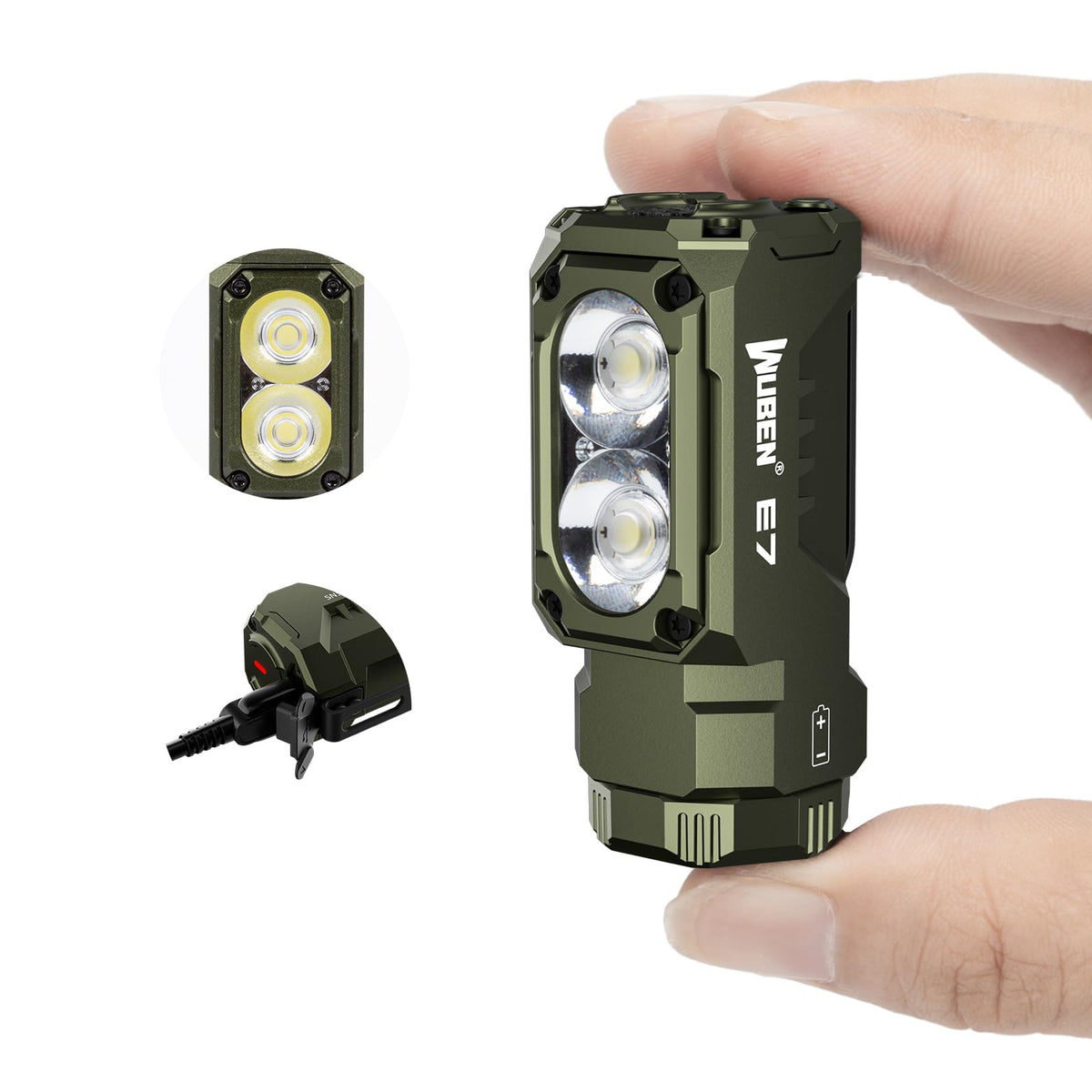 WUBEN E7 army green front view shows compact design and bright beam for everyday use.