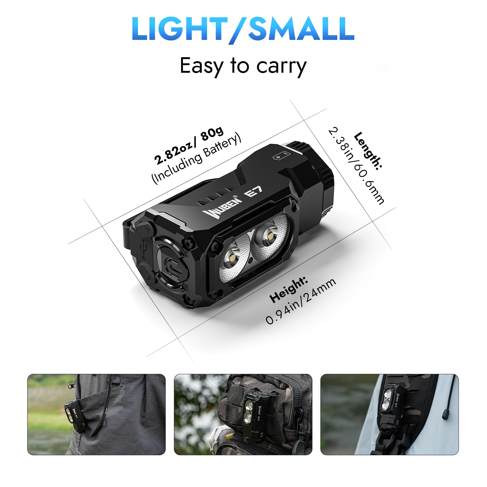 WUBEN E7 hugging clip secures to pockets or gear.