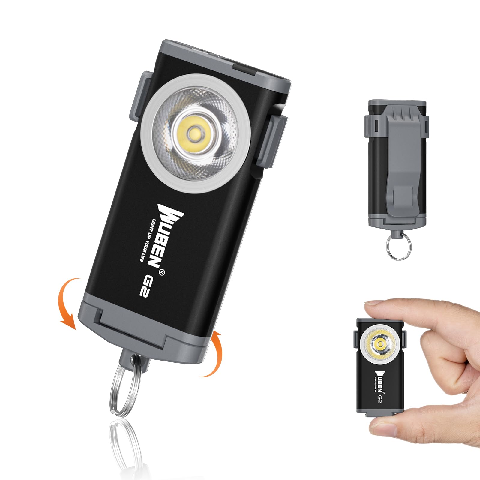 WUBEN G2 Mini keychain clip for secure portable carry.