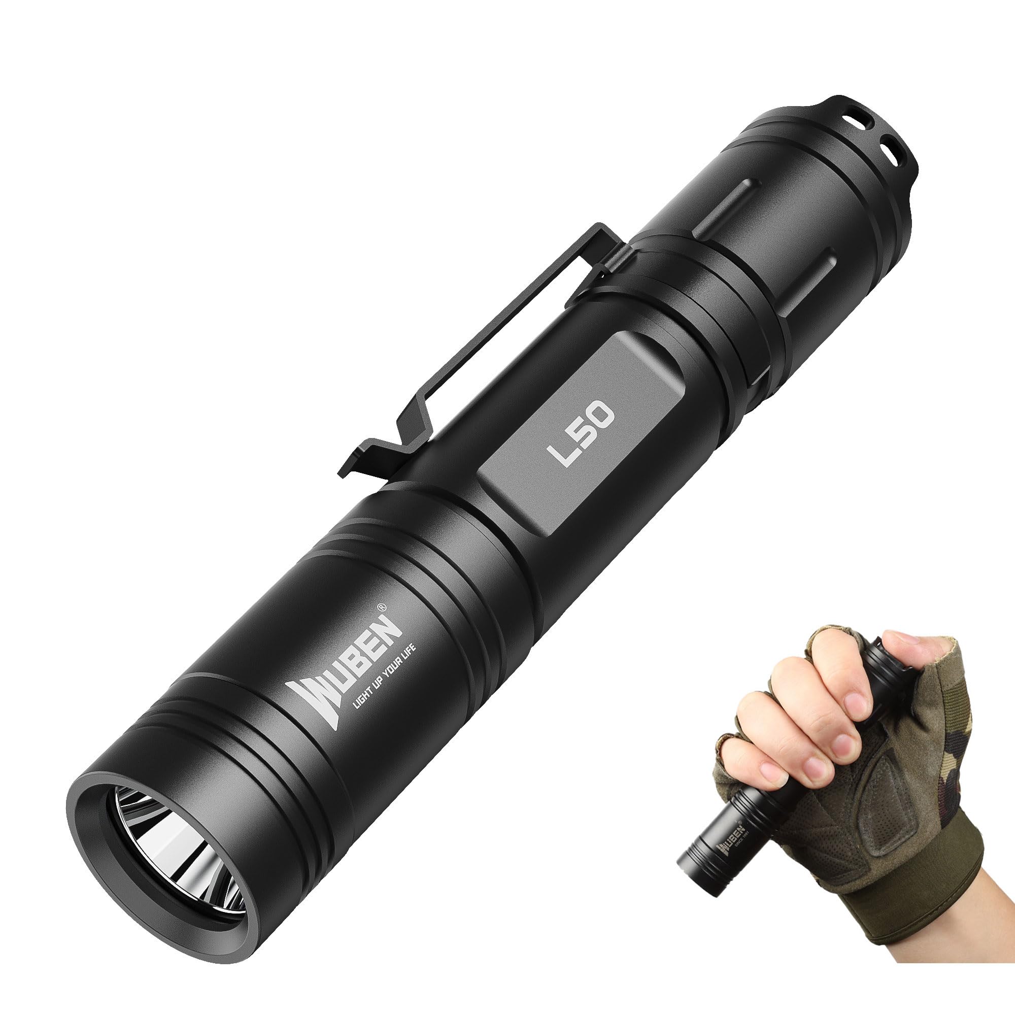 WUBEN L50 flashlight front view showing a powerful beam for immediate visibility
