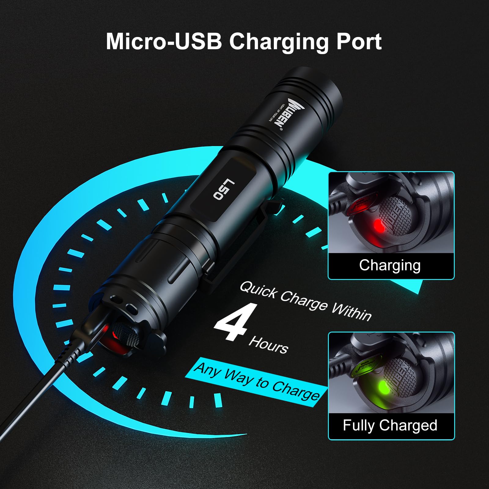 Wuben L50 USB charging port for convenient recharging on the go.