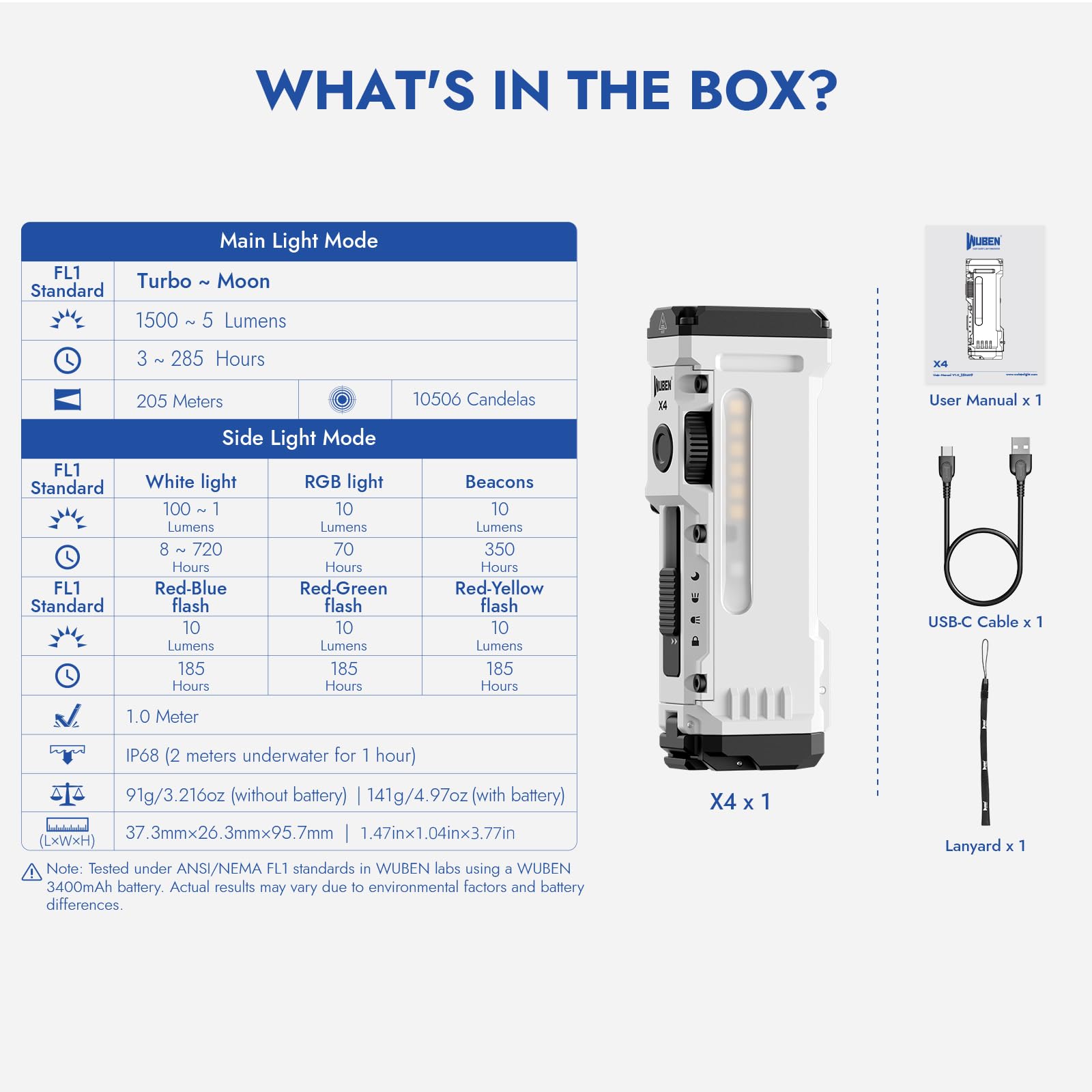 WUBEN X4 USB-C charging for quick power top-ups.