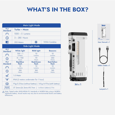 WUBEN X4 USB-C charging for quick power top-ups.