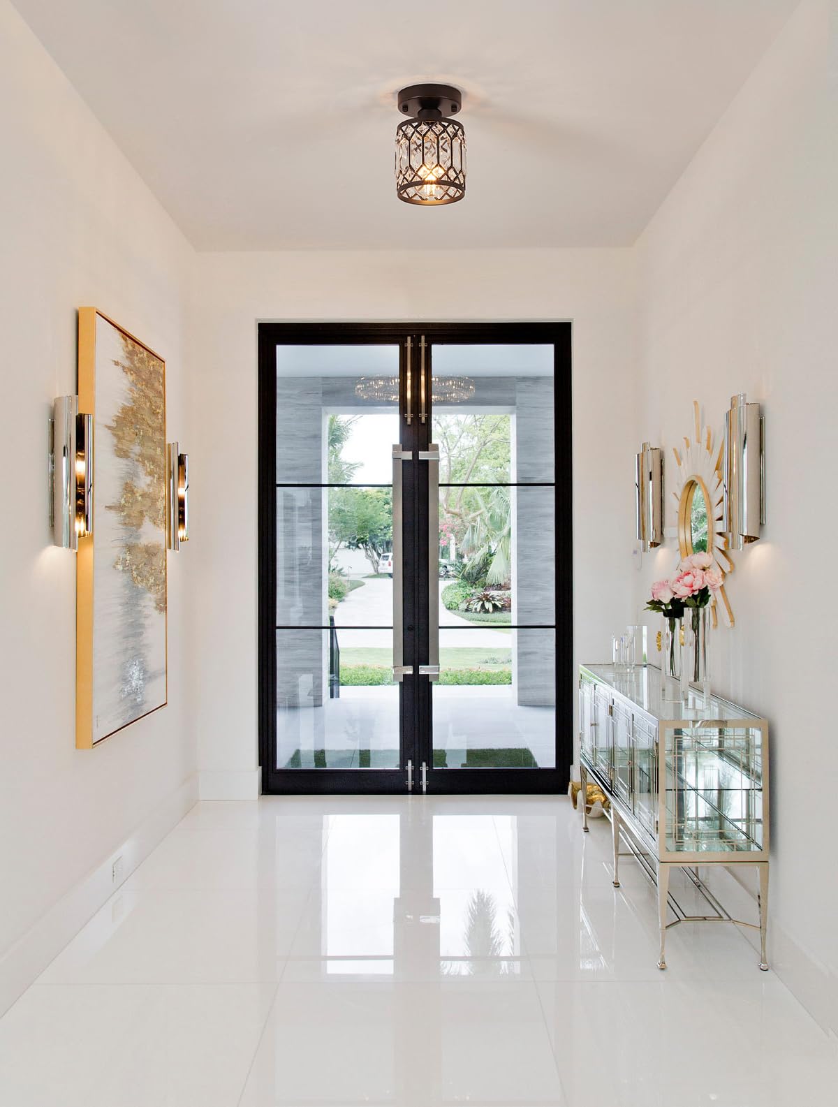 Wuhuyipi Crystal Black Ceiling Light reflections illuminate a modern space with warmth